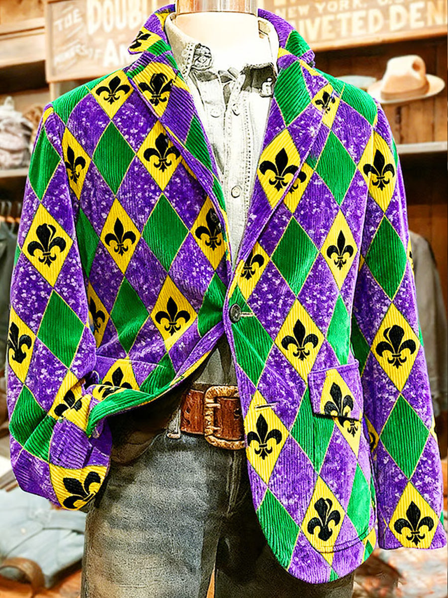 Men's Retro Mardi Gras Art Print Casual Corduroy Pocket Blazers